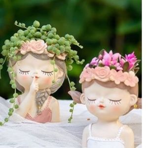 Set2 Sweet Girl Planter Pot With Drainage Hole, Cute Girl Flower Pot Mini Resin